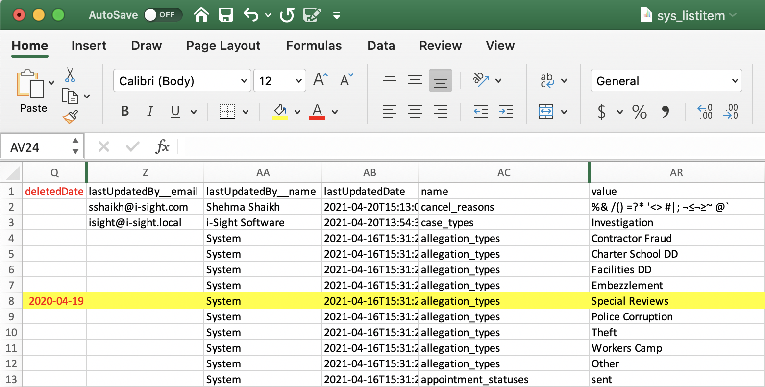 La liste de sélection CSV dans Excel où une valeur deleteDate a été ajoutée pour une ligne.