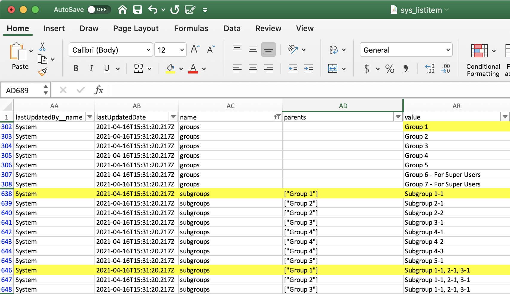The picklist CSV in Excel where the Group 1 picklist value and the child picklist values “Subgroup 1-1” and “Subgroup 1-1, 2-1, 3-1” have been highlighted.