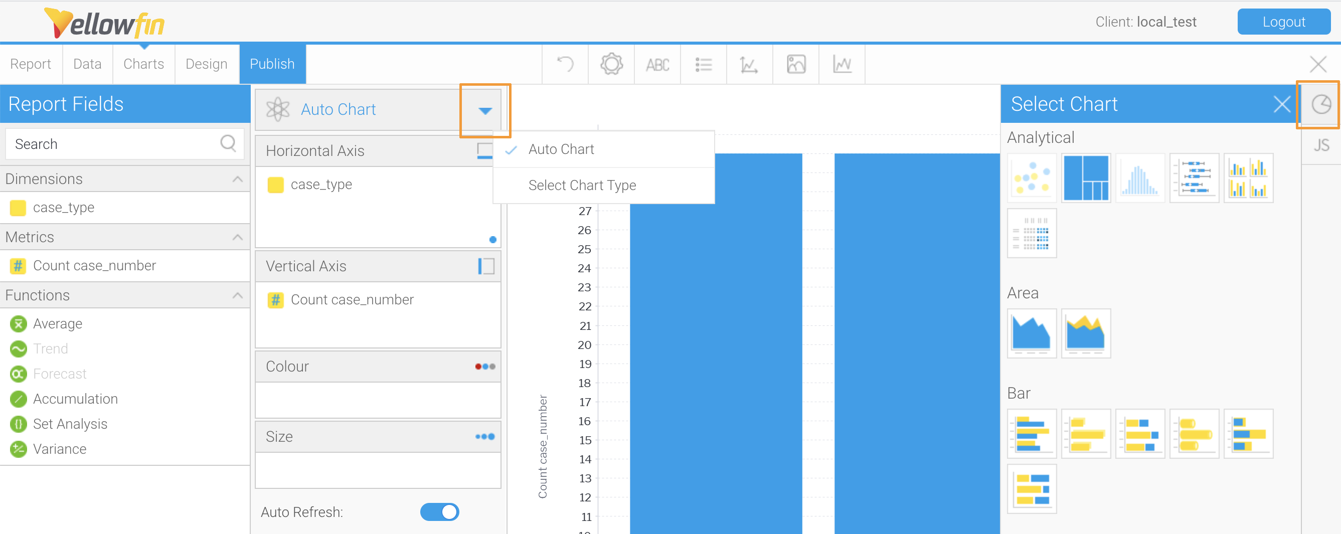 Highlighting the auto chart down arrow and pie chart icon.