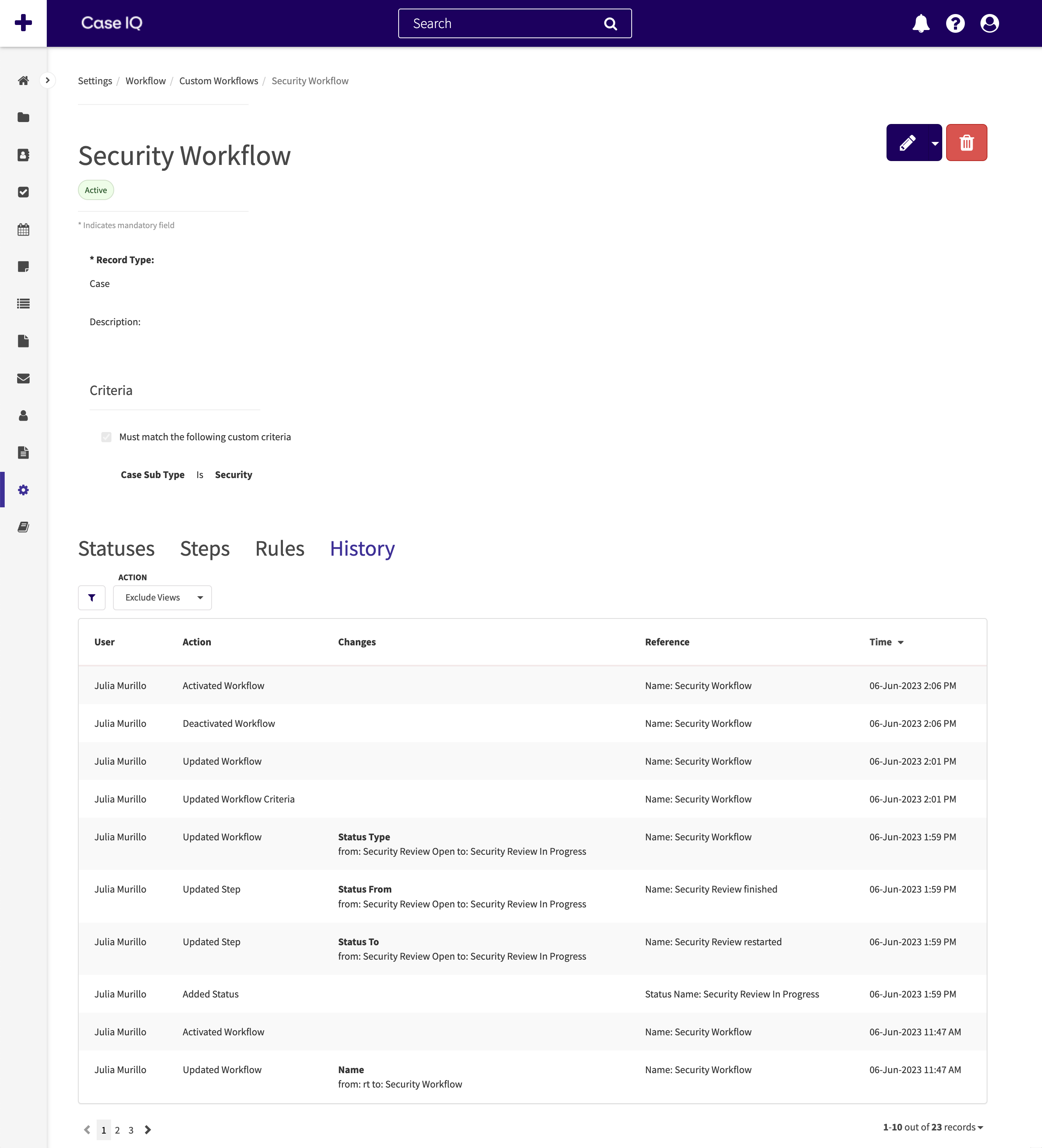 History tab on a workflow's page.