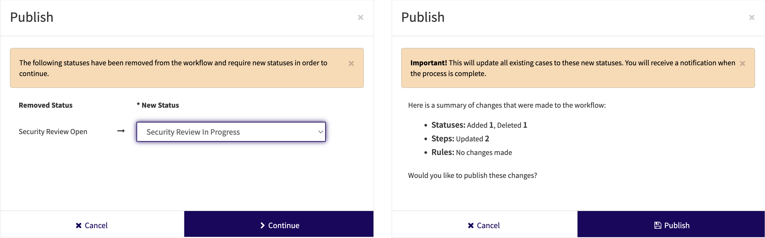 The Publish pop-up. Migrate cases out of deleted statuses before seeing a summary of the workflow changes.