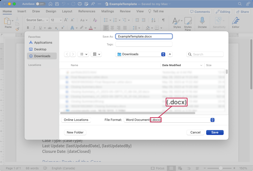 Enregistrez la fenêtre contextuelle dans Microsoft Word. Le format de fichier, .docx, est mis en surbrillance.