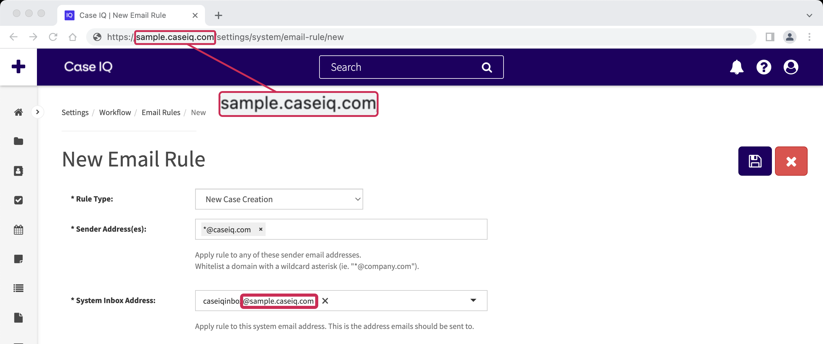The following text is highlighted in the URL bar and System Inbox Address field: "sample.Case IQ.com".
