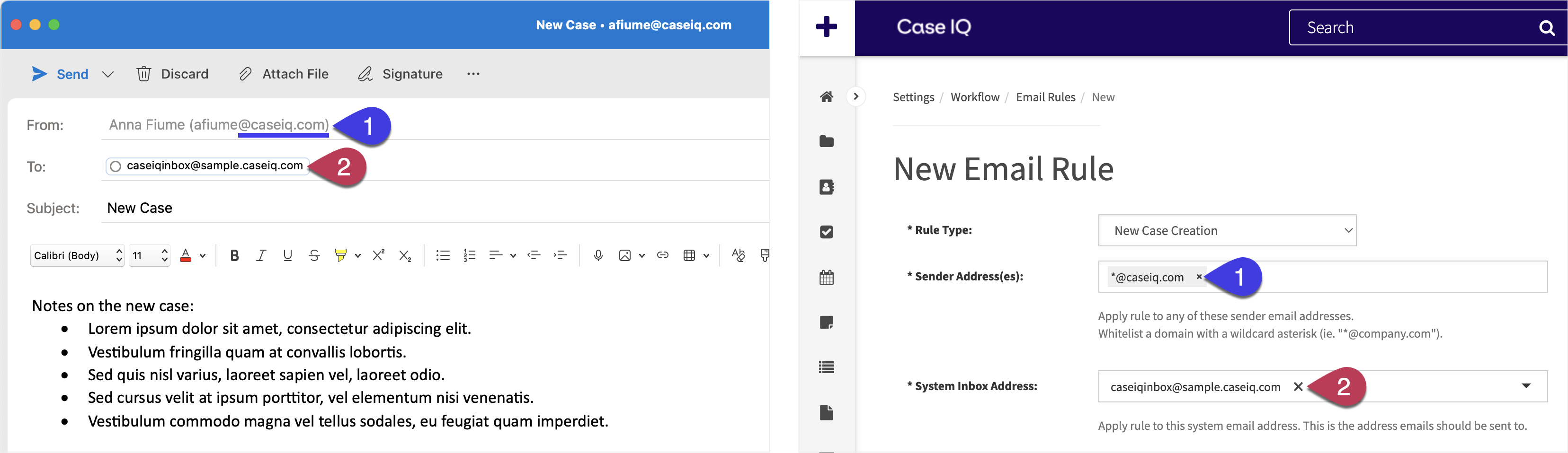 Side by side comparison of an email sent to the System Inbox email address and the example New Email Rule form for the New Case Creation rule created in the previous section. 