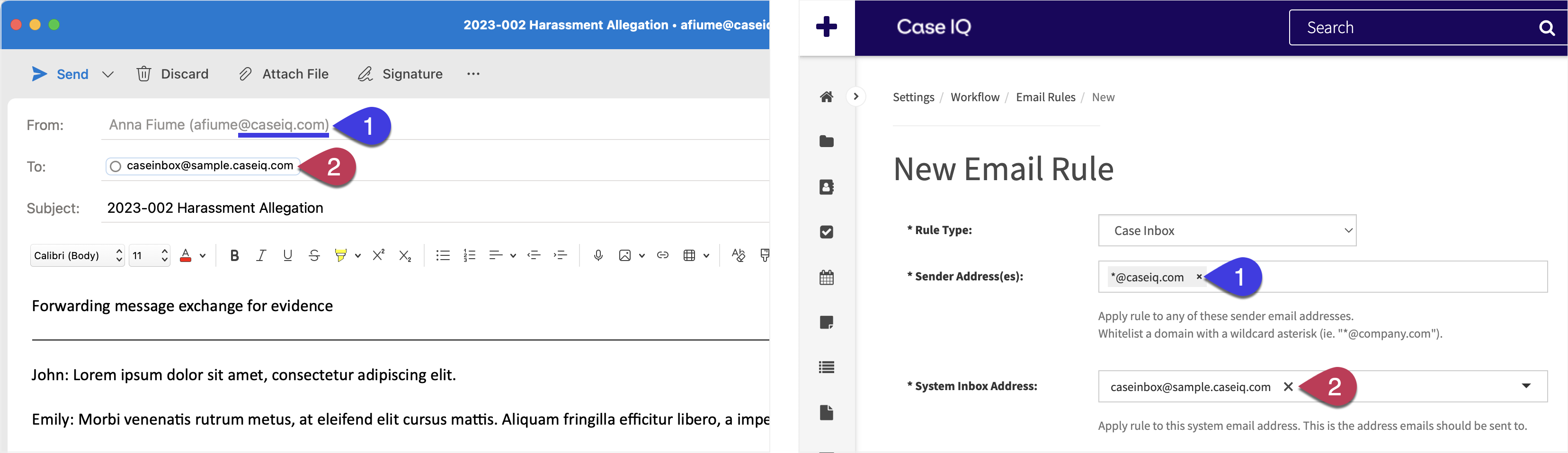 Side by side comparison of an email sent to the System Inbox email address and the example New Email Rule form for the Case Inbox rule created in the previous section. 