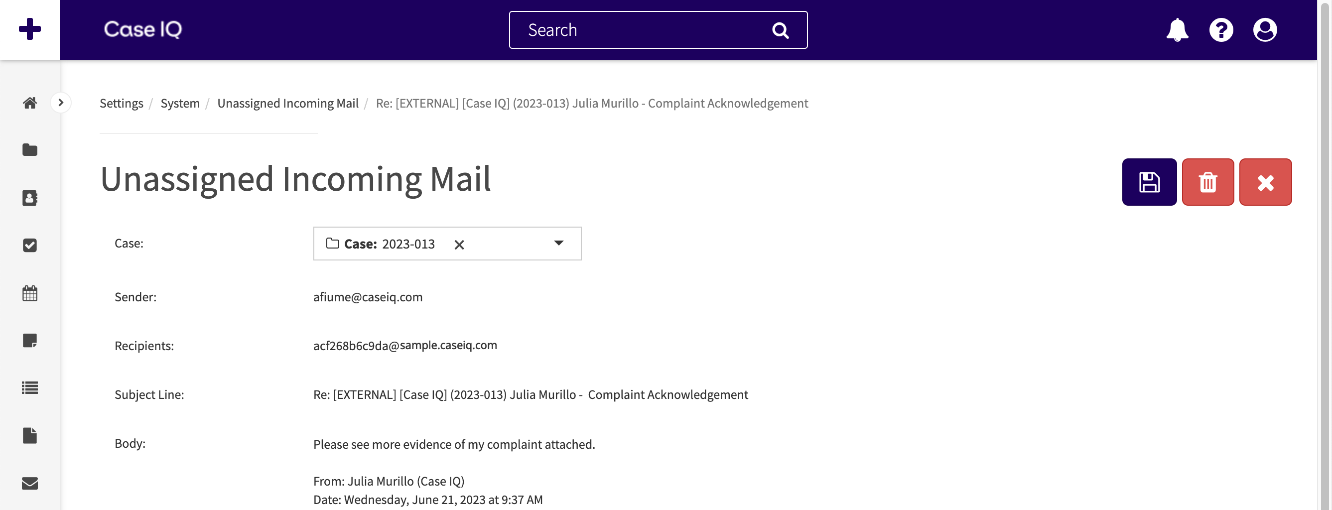 An incoming email page. The "Case #" field has been selected as "2023-0013".