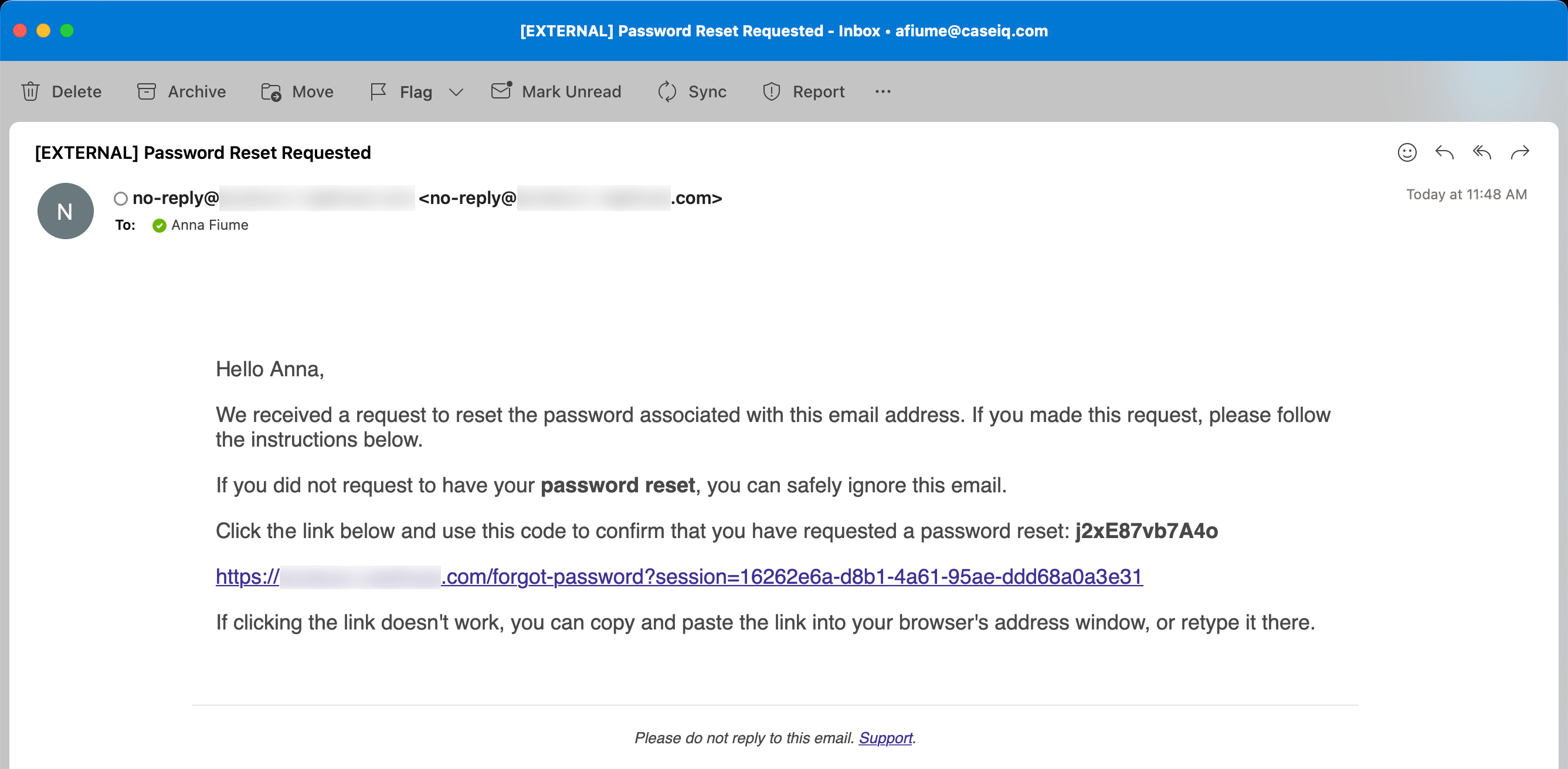 L’e-mail de demande de réinitialisation du mot de passe.