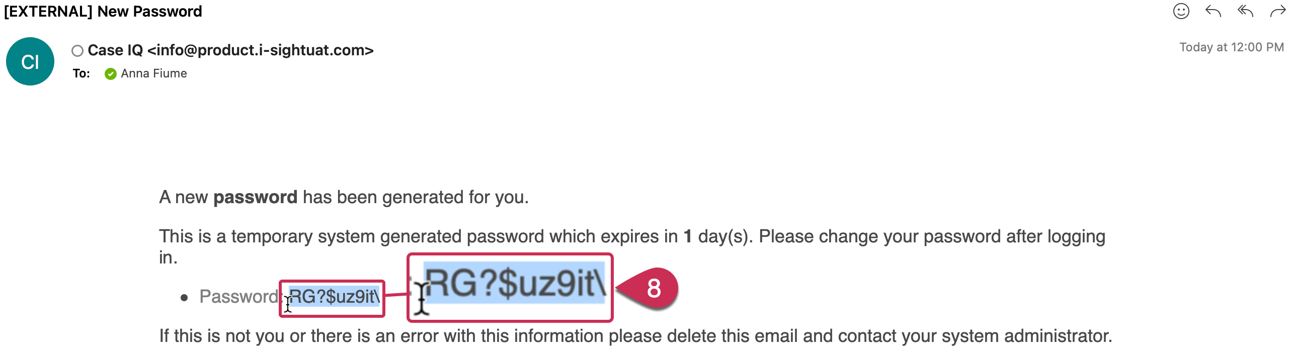 Copying the temporary password in the New Password email.