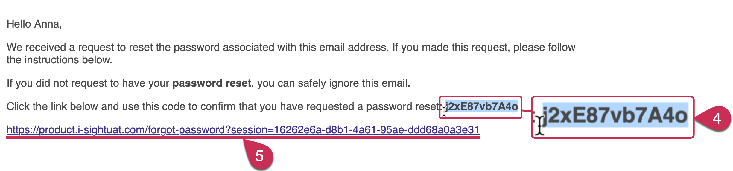 The Request Password Reset email with the verification code and link to your app.