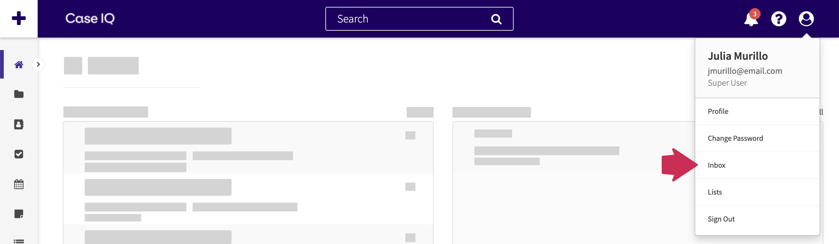 The open profile dropdown menu showing the Inbox option.