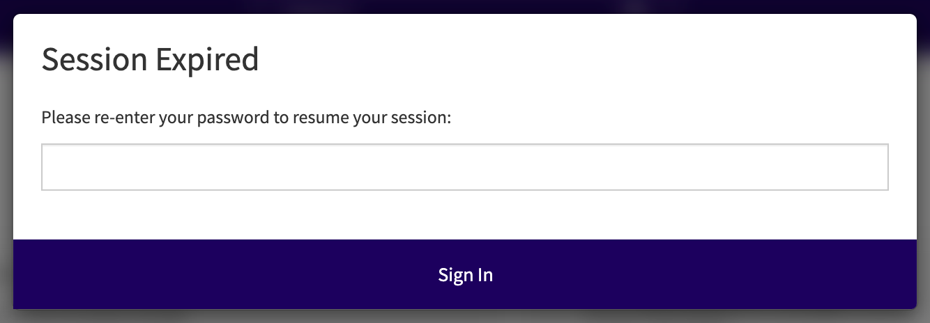 Warning message reads "Session expired. Re-enter your password to resume your session."