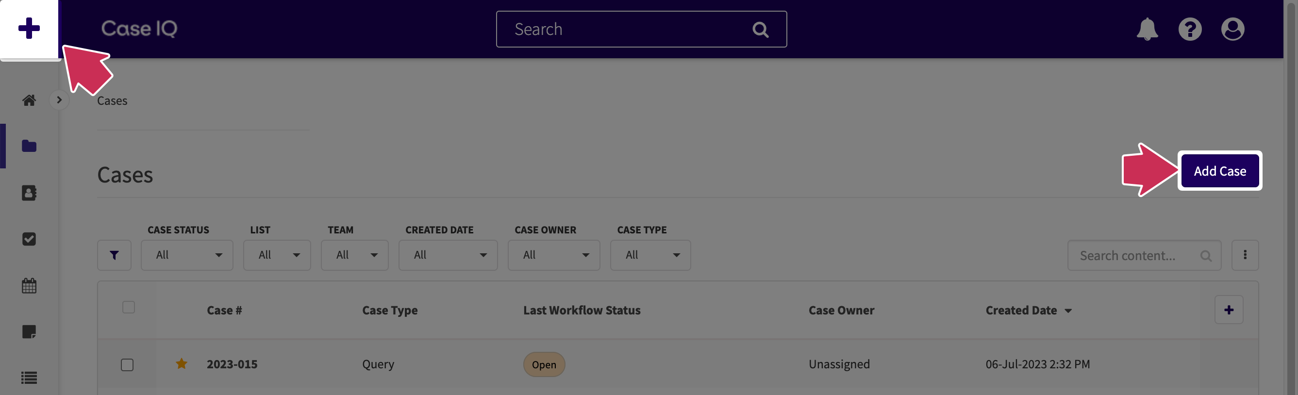 Le bouton d'ajout rapide en haut de la page est mis en surbrillance. Sur la page Grille des cas, le bouton Ajouter un cas s'affiche également.
