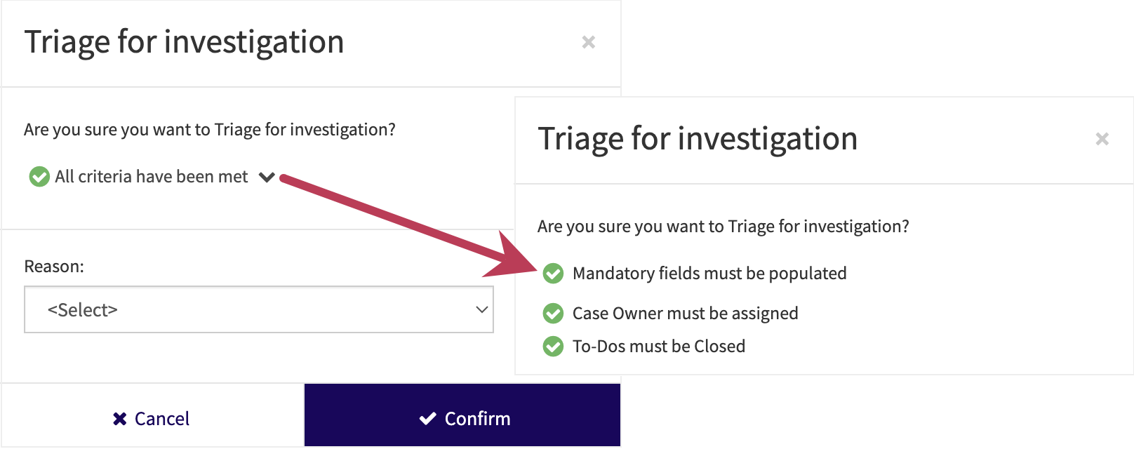 The step menu shows that all of the criteria have been met and that clicking the arrow will show all of the criteria. The Confirm button is clickable now.