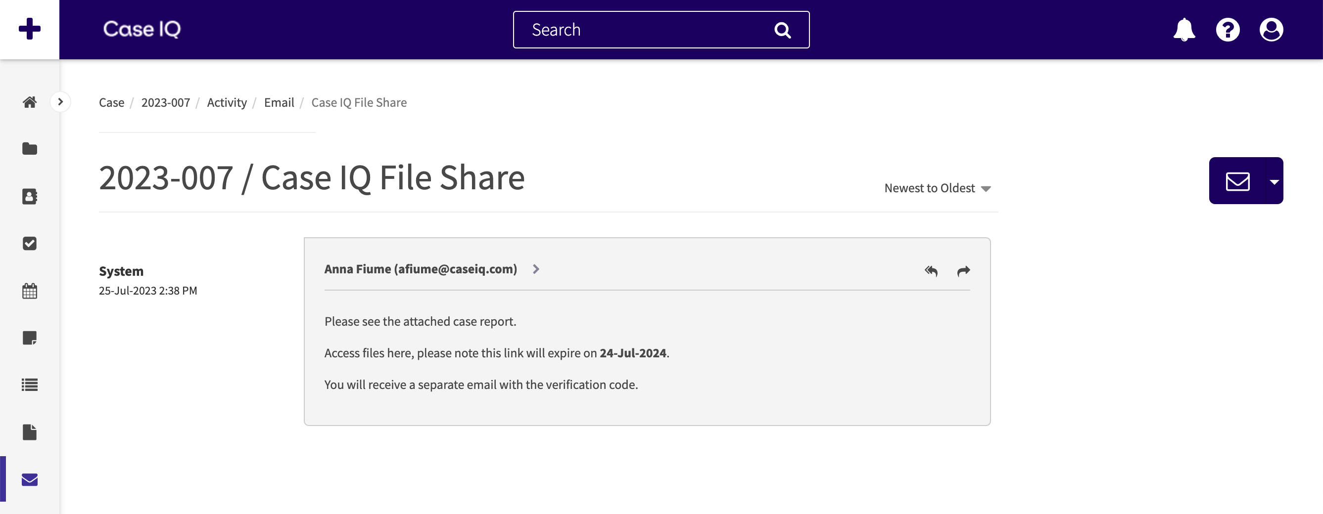 Case IQ File Share email record.