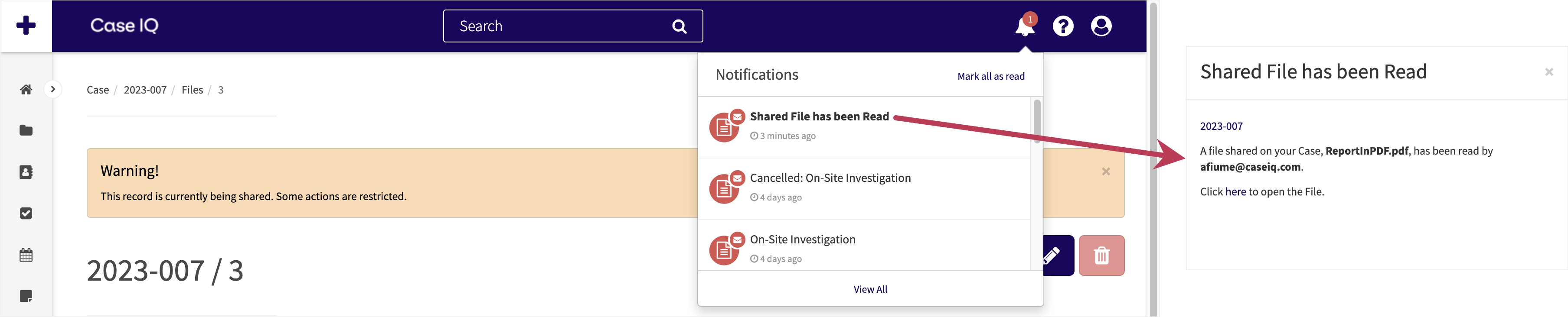 Shared File Notification in Notifications menu.