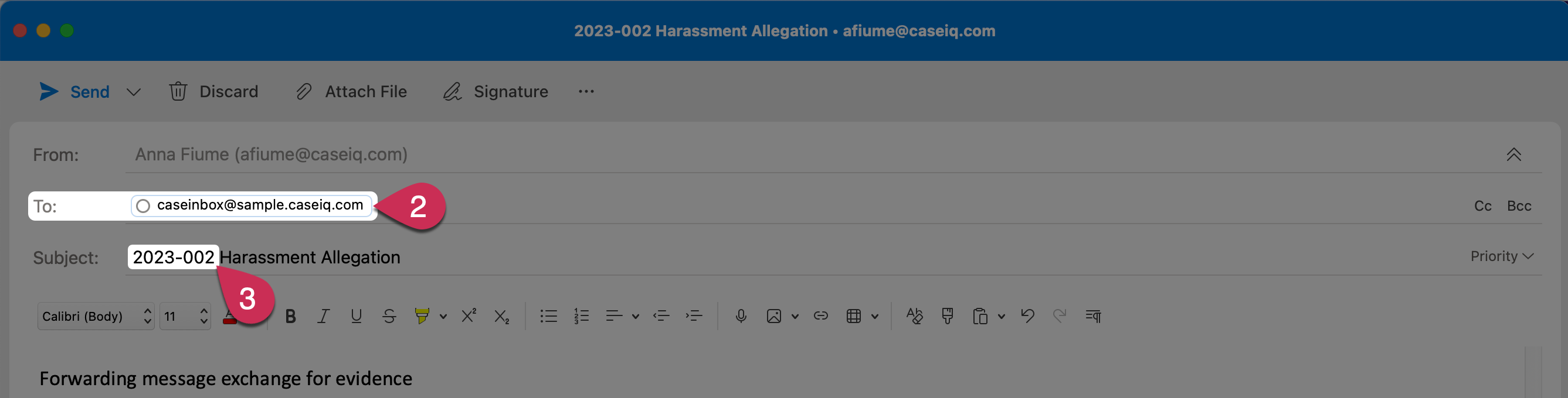 Un brouillon d’e-mail dans Outlook. Le destinataire est « caseinbox@sample.caseiq.com » et la ligne d'objet se lit comme suit : « 2023-002 Allégation de harcèlement ».
