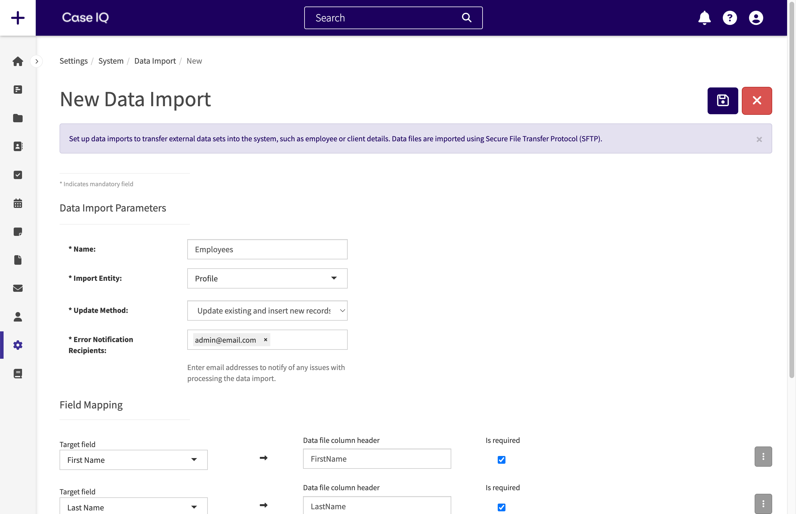 New Data Import form