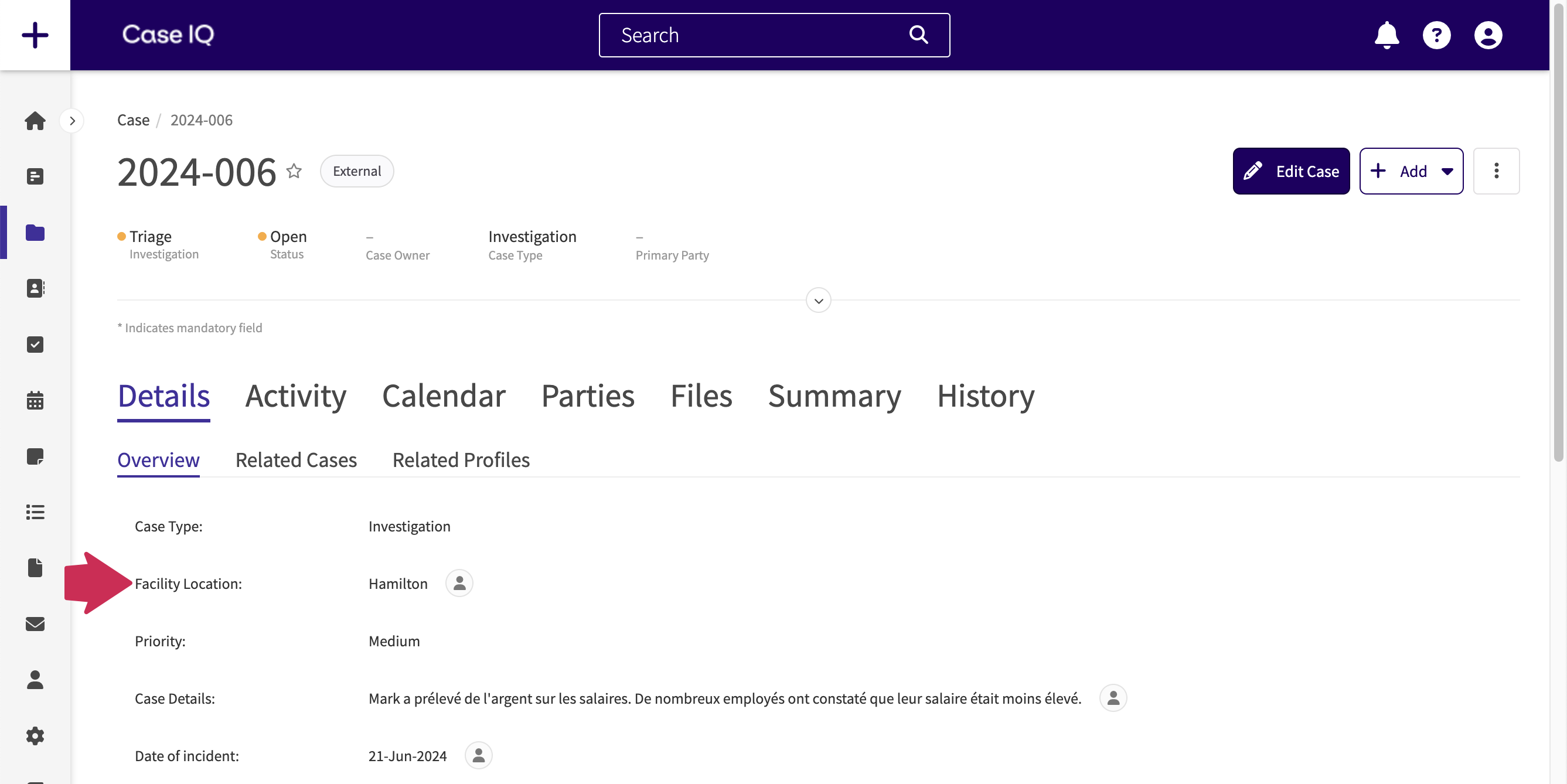 A case's page showing the Facility Location field.