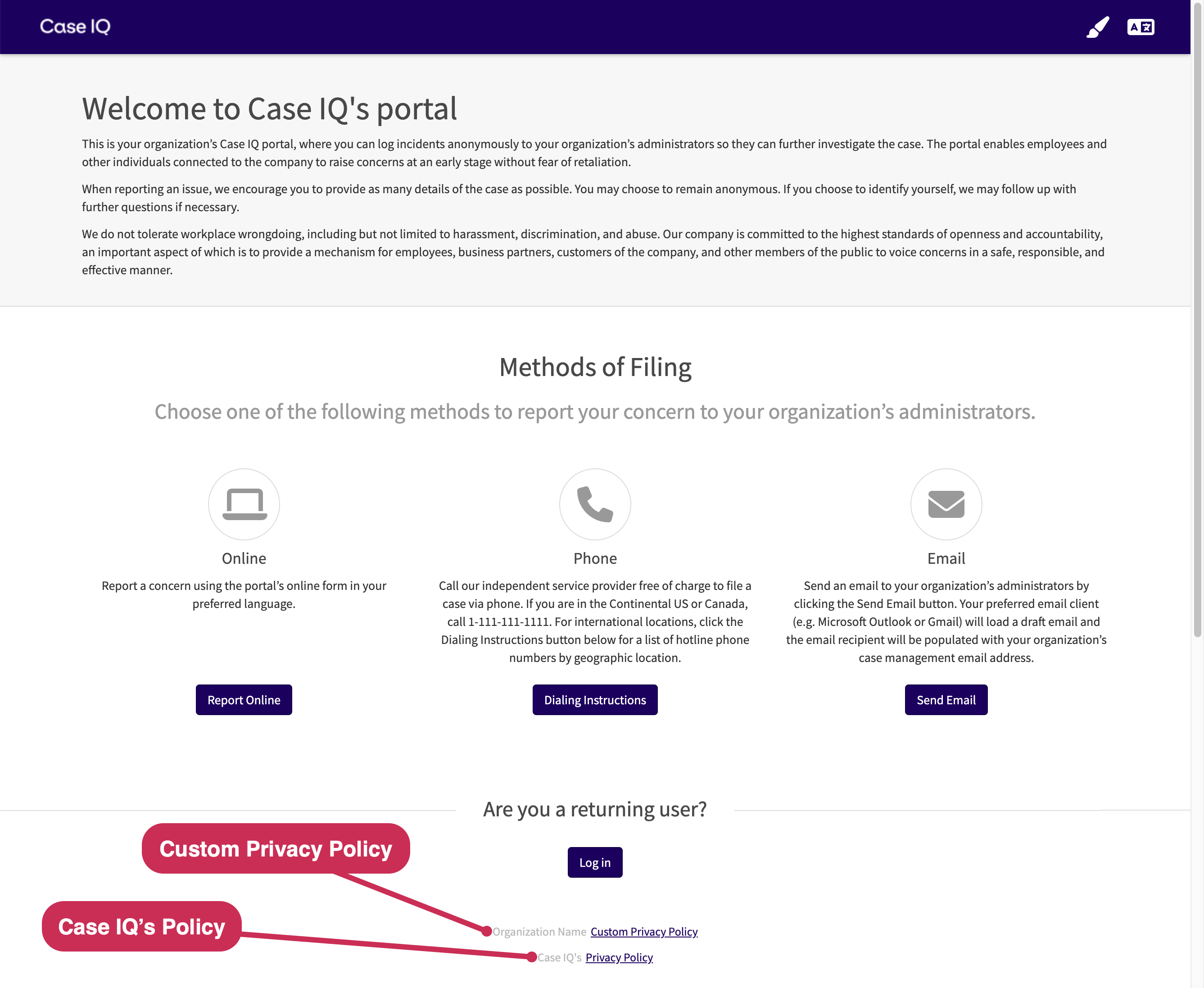 An application's portal showing the custom privacy policy and Case IQ's policy links.