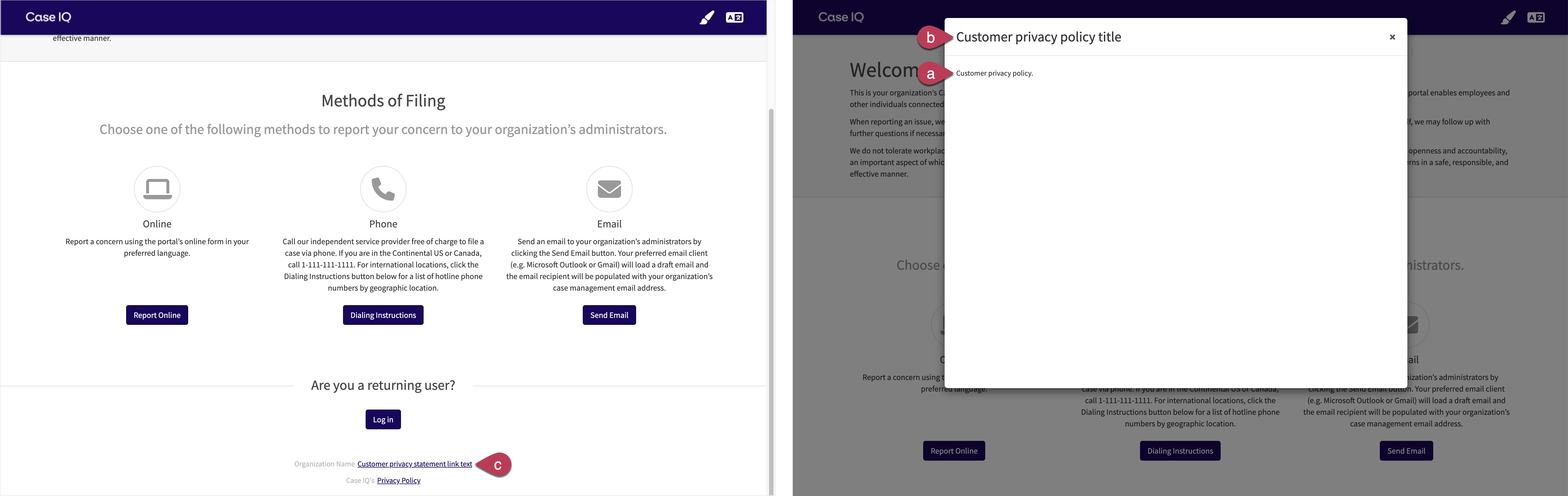 On a portal, the customer privacy policy is labelled "c", the customer privacy policy title is labelled "b", and the customer privacy policy text is labelled "a".