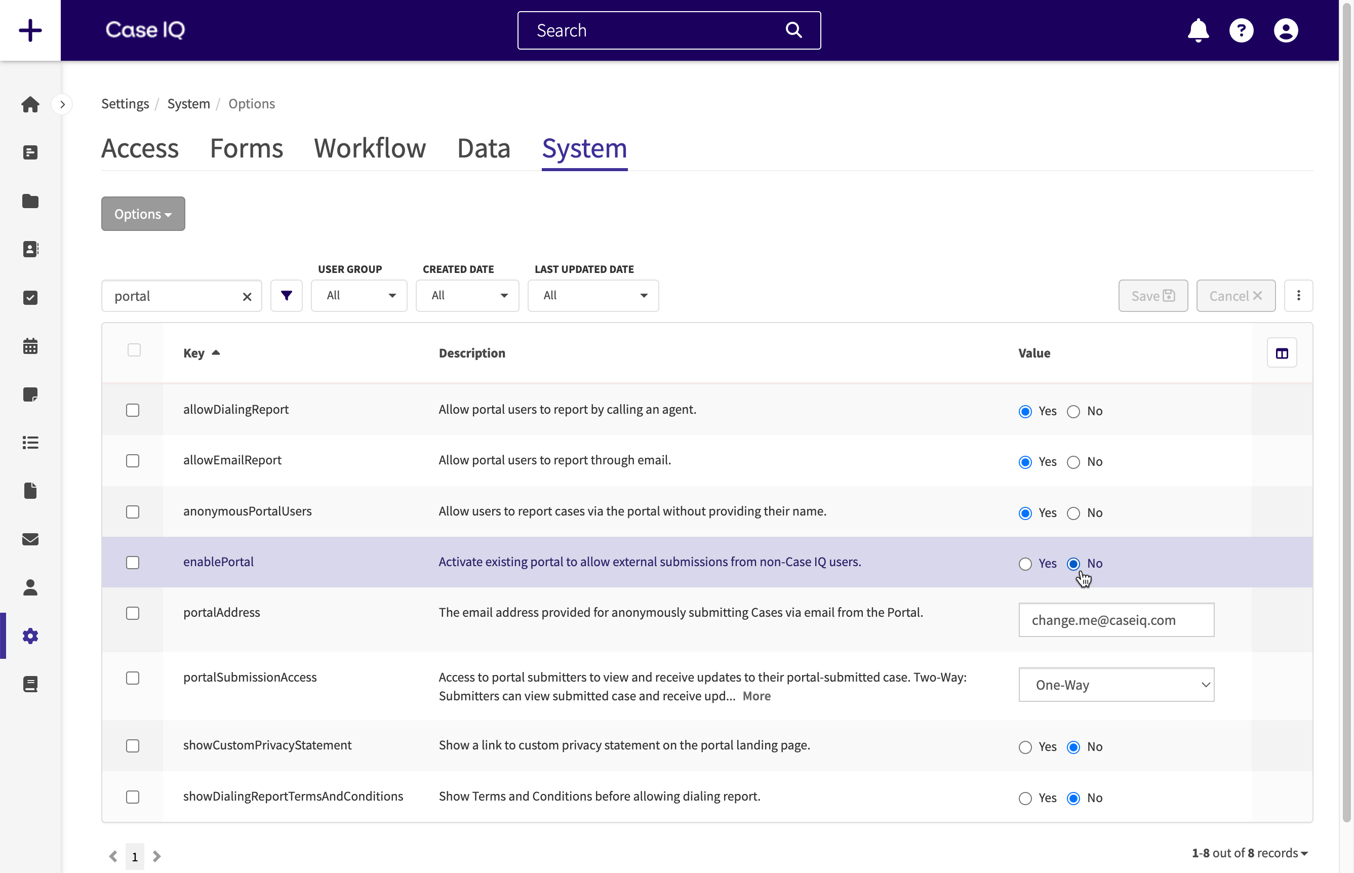 Options page showing enablePortal and portalSubmissionAccess settings.