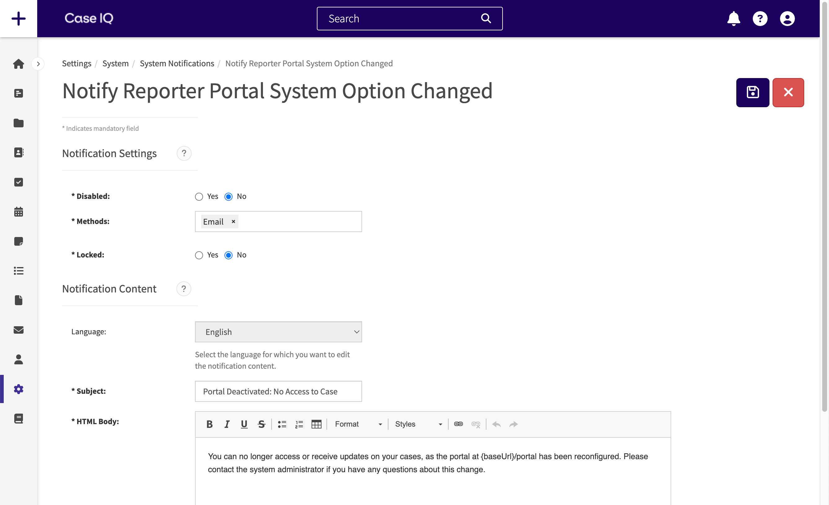 The "Notify Reporter Portal System Option Changed" notification page.