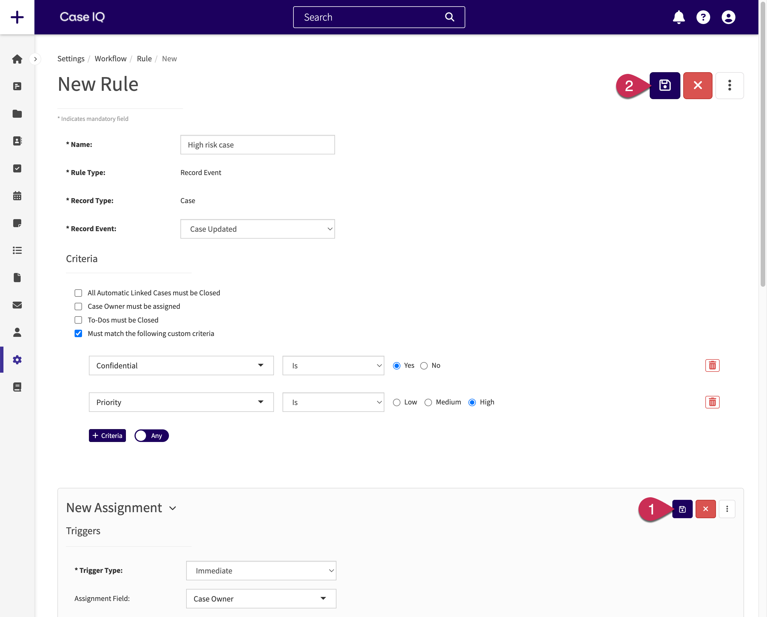 The Save button on the New Assignment form is highlighted.