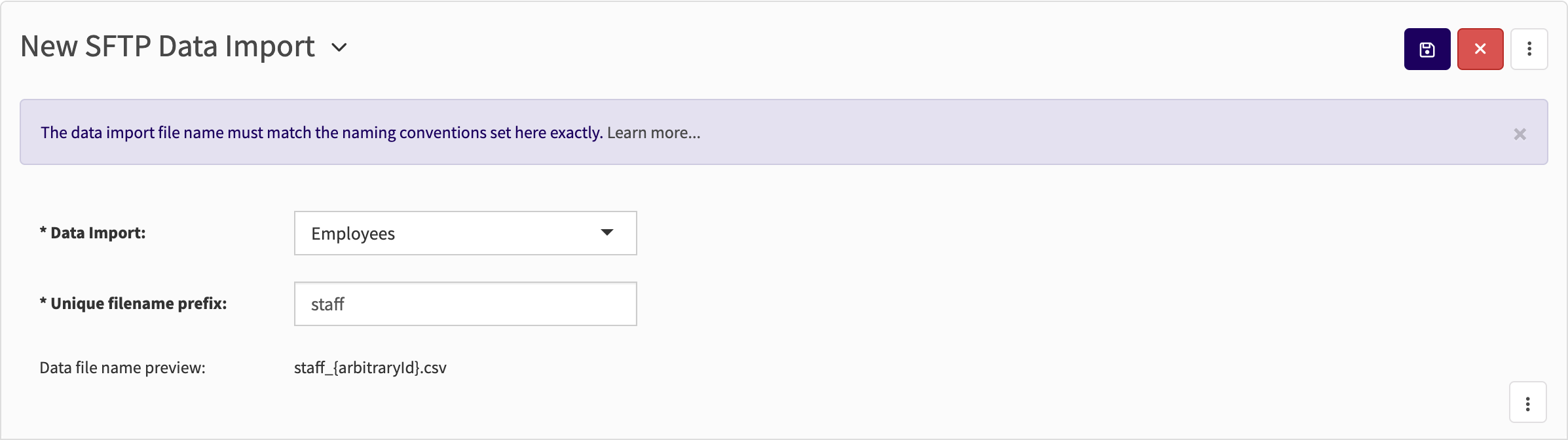 The New SFTP Data Import form.