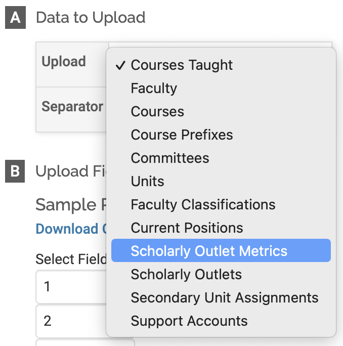 Data to Upload section with Scholarly Outlet Metrics highlighted in the upload dropdown