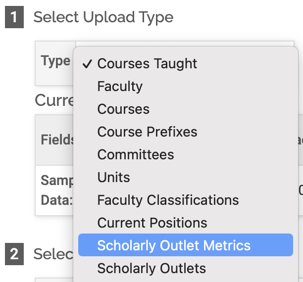 Select Upload Type section with Scholarly Outlet Metrics highlighted in the Type dropdown