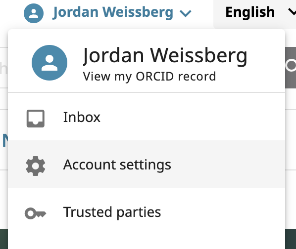 ORCID Profile dropdown with Account settings highlighted