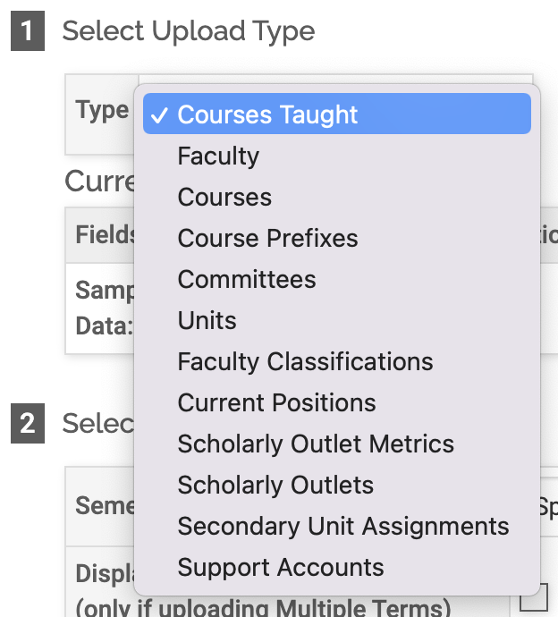 Type dropdown selected under Select Upload Type