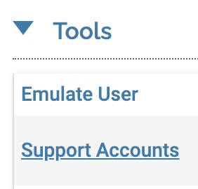 Tools section with Support Accounts underlined