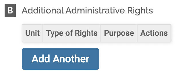 Additional Administrative Rights section with an Add Another button at the bottom