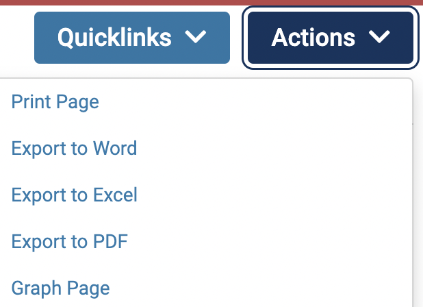 Quicklinks button with Print Page, Export to Word, Export to Excel, Export to PDF, and Graph page below