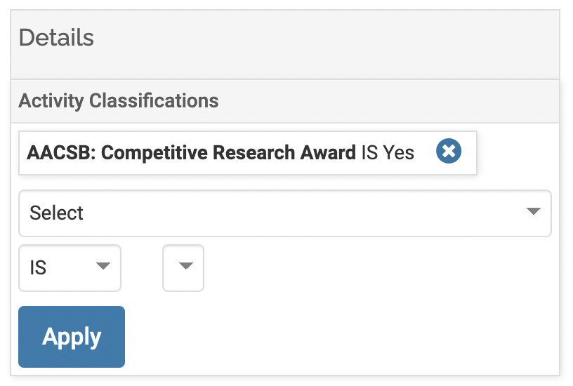 Details section with AACSB: Competitive Research Award below the Activity classification subsection with the X icon to the right
