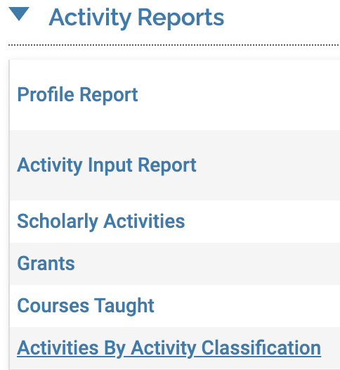Activity Reports section with Activities By Activity Classification underlined