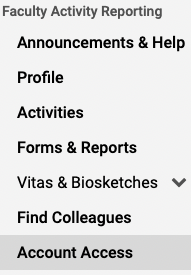 Faculty Activity Reporting section with Account Access highlighted