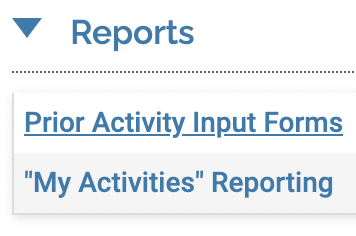 Reports section with Prior Activity Input Forms underlined