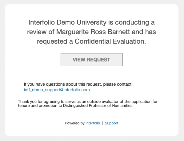Interfolio Demo University heading with View Request button below