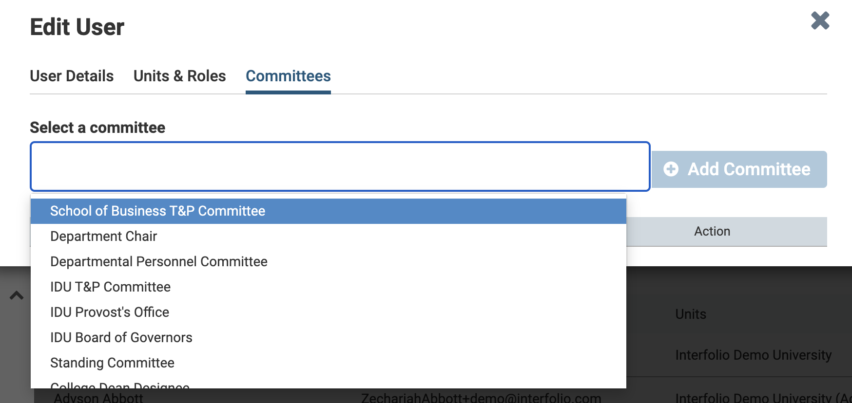 Edit User section with Select a committee dropdown shown