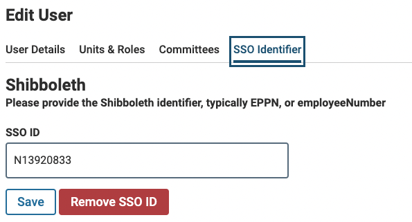 Edit User window with SSO Identifier tab selected. Remove SSO ID button appears at the bottom of the SSO ID field