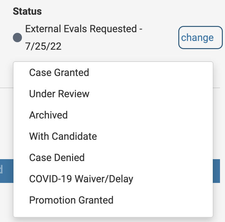 Status section with change button selected and dropdown options shown