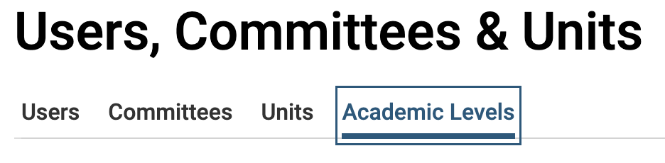 Users, Committees & Units section with the Academic Levels tab selected