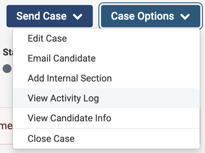 Case Options dropdown with View Activity Log selected