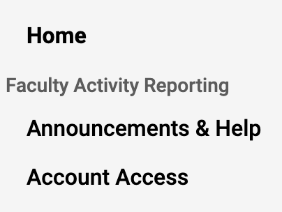 Faculty Activity Reporting navigation bar with Announcements & Help and Account Access sections