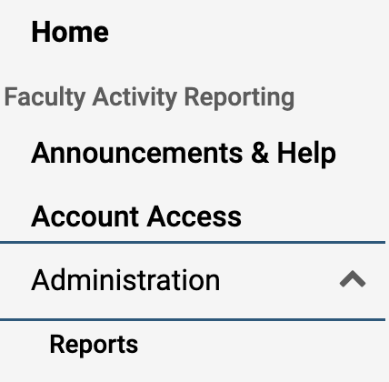 Faculty Activity Reporting navigation bar with Announcements & Help, Account Access, and Administration (Reports) sections