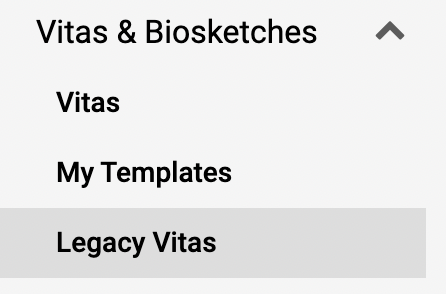 Vitas & Biosketches section with Legacy Vitas selected