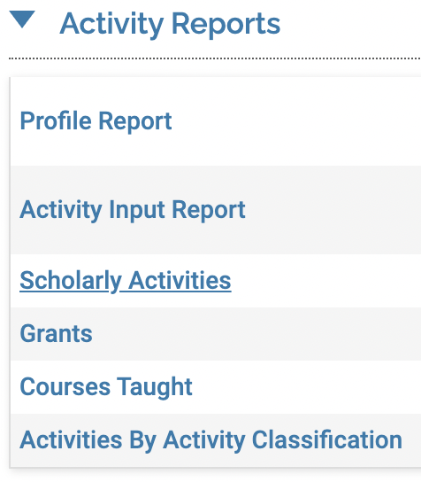 Activity Reports section with Scholarly Activities selected