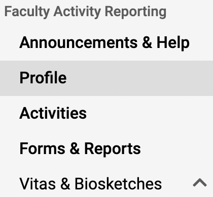 Faculty Activity Reporting section with Profile selected